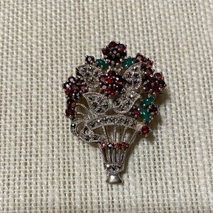 Vintage 925 Sterling Silver Marcasite Garnet & Jade Floral Brooch Pendant
